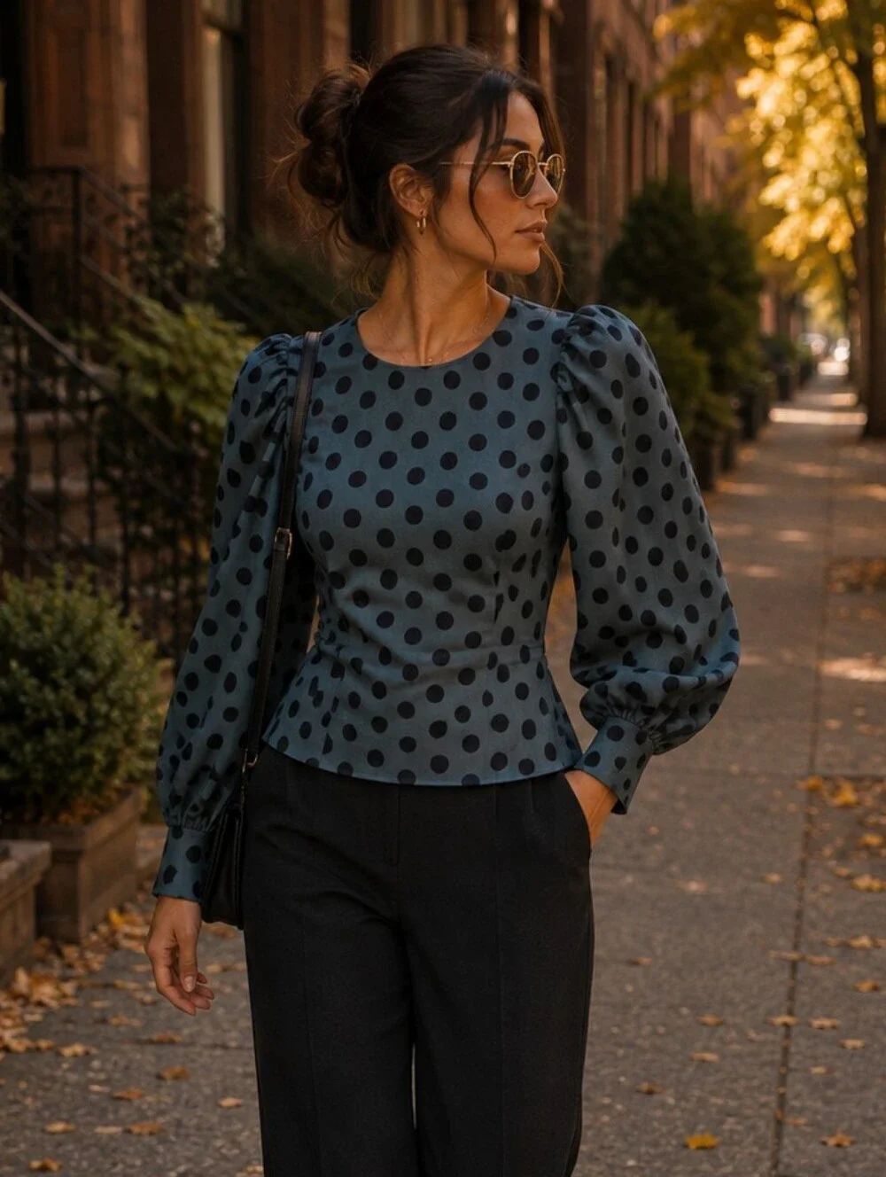 Who What Wear Teal Polka-Dot Puff-Sleeve Blouse